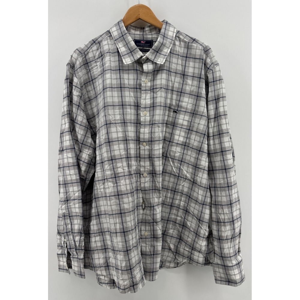 Vineyard Vines Tucker Shirt Mens XXL Gray Blue Plaid Slim Fit Button Up Whale